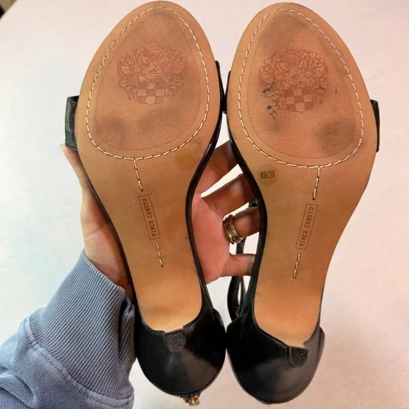 Vince Camuto Studded Sandals 8B Black Good Leather Kitten Heel Gladiator Luxury - Picture 10 of 10